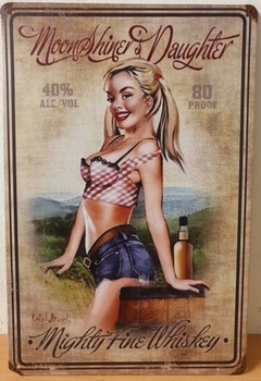 Moonshine whiskey pinup reclamebord metaal